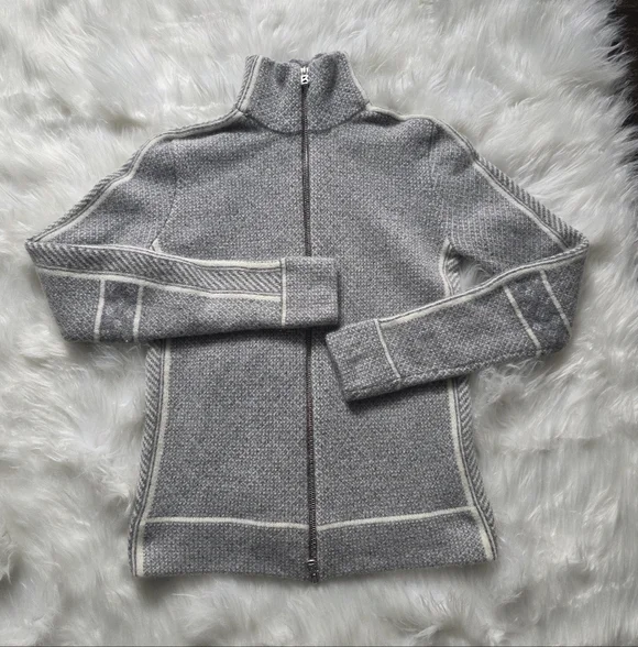 Bogner Gray and White Knit Zip-Up Sweater - Picture 1 of 7